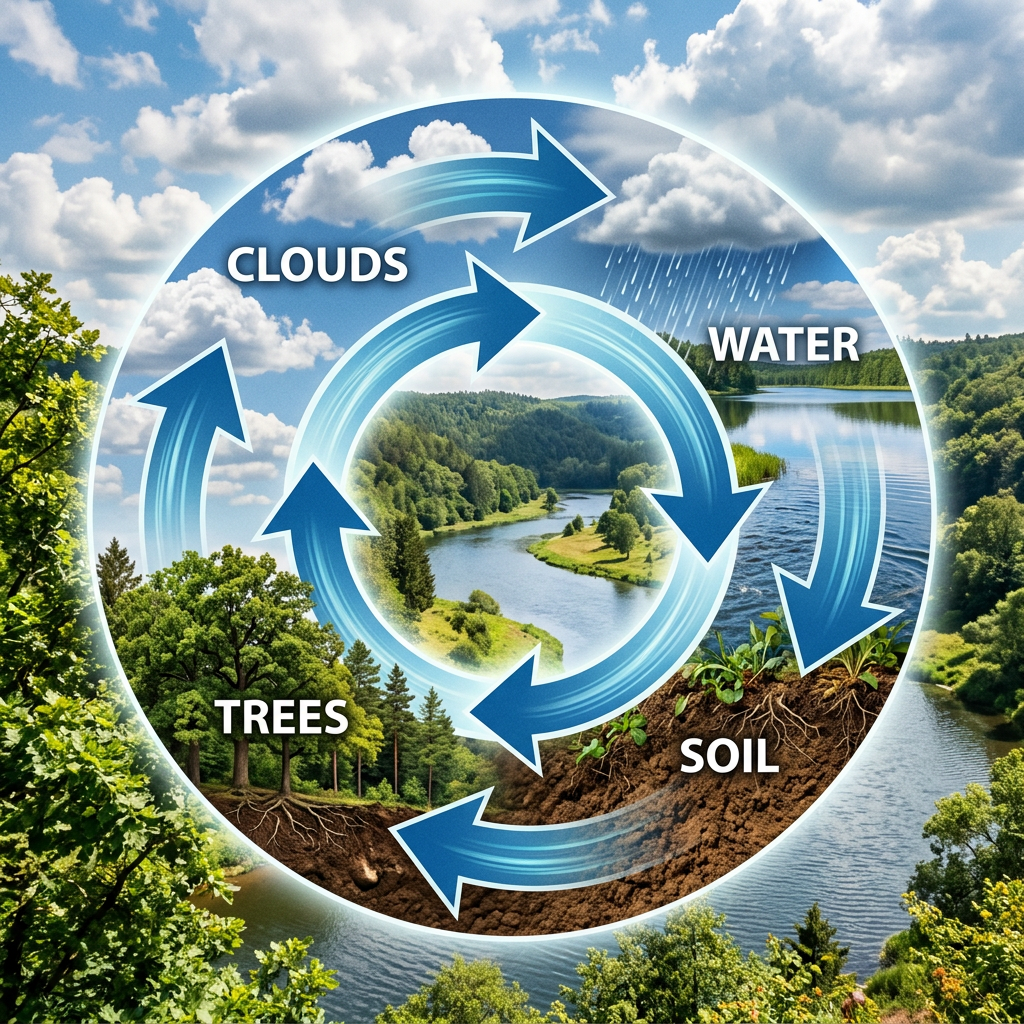 Diagram showing water cycle flow among clouds, water, soil, and trees