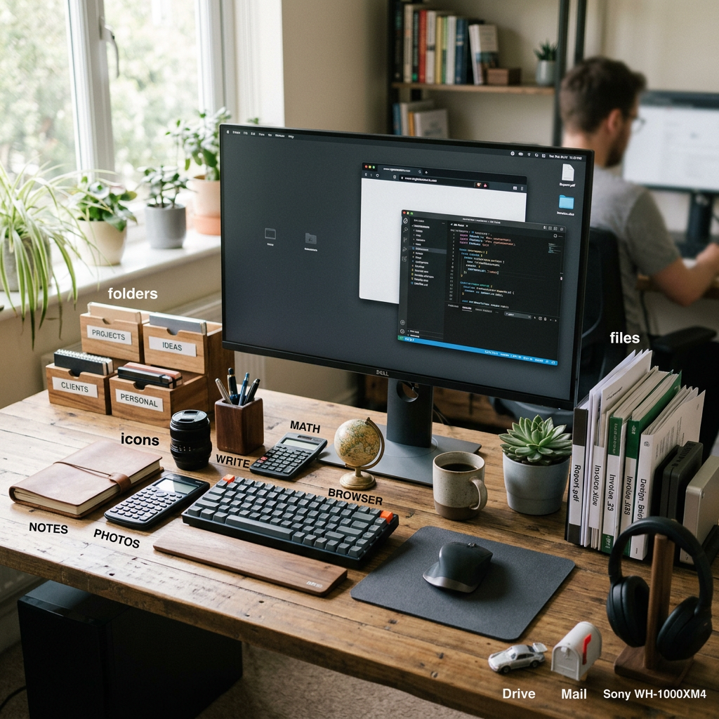 Desk with labeled folders, files, keyboard, mouse, calculator, notebook, plant, coffee mug, and monitor displaying code
