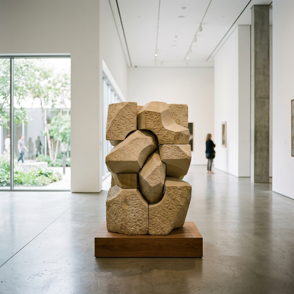 Abstract stone sculpture made of interlocking textured blocks on wooden base