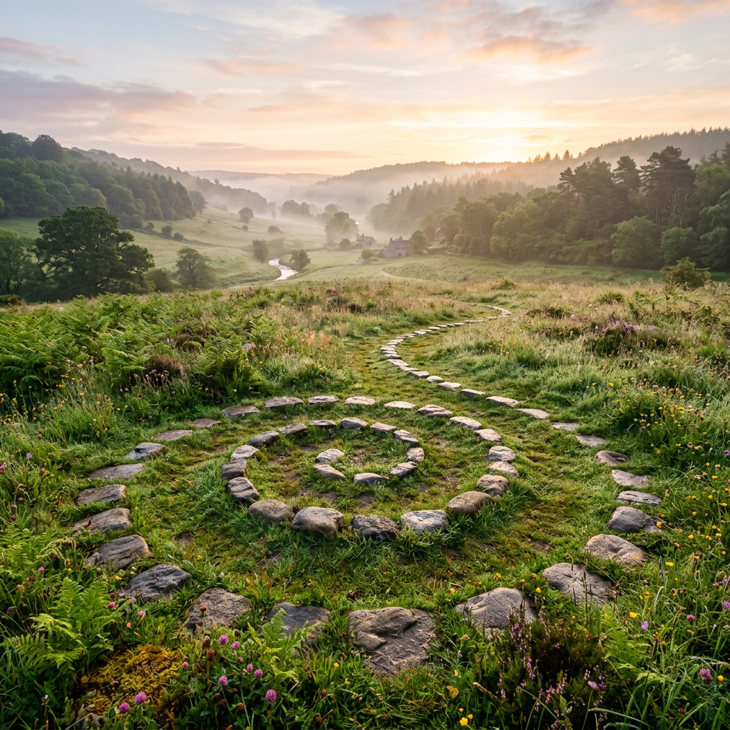Spiral stone arrangement on grassy hillside overlooking misty valley with trees and houses