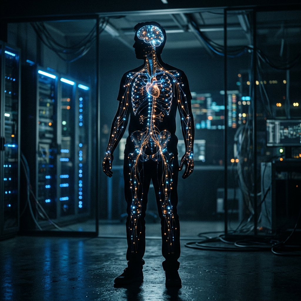 Silhouette of a person with glowing nervous and circulatory system pathways and organs highlighted