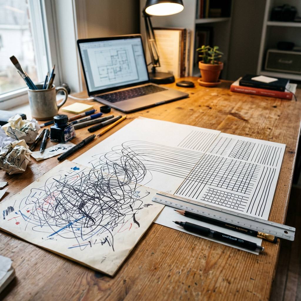 Wooden desk with architectural drawings, art supplies, and a laptop showing floor plans
