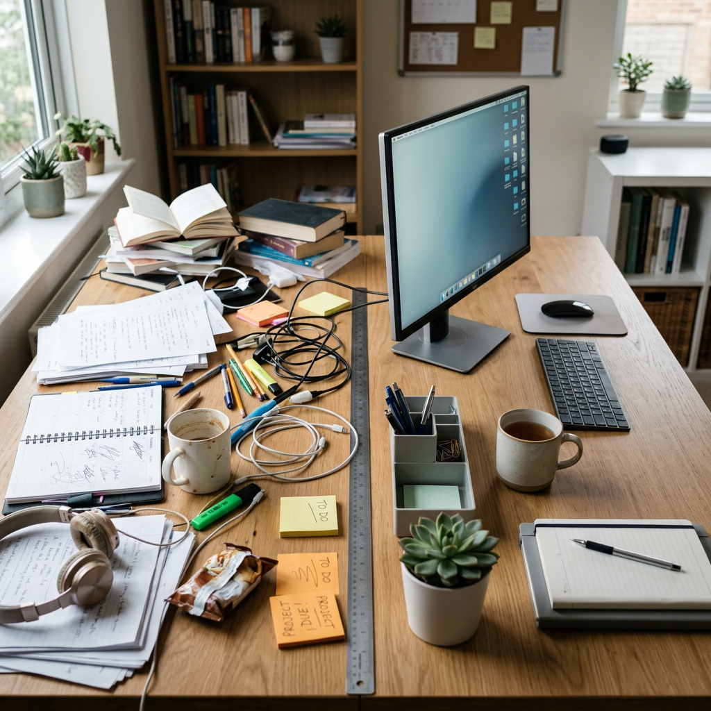 A wooden desk with cluttered papers, books, and stationery on one side and a neat computer setup with keyboard, mouse, and minimal items on the other side