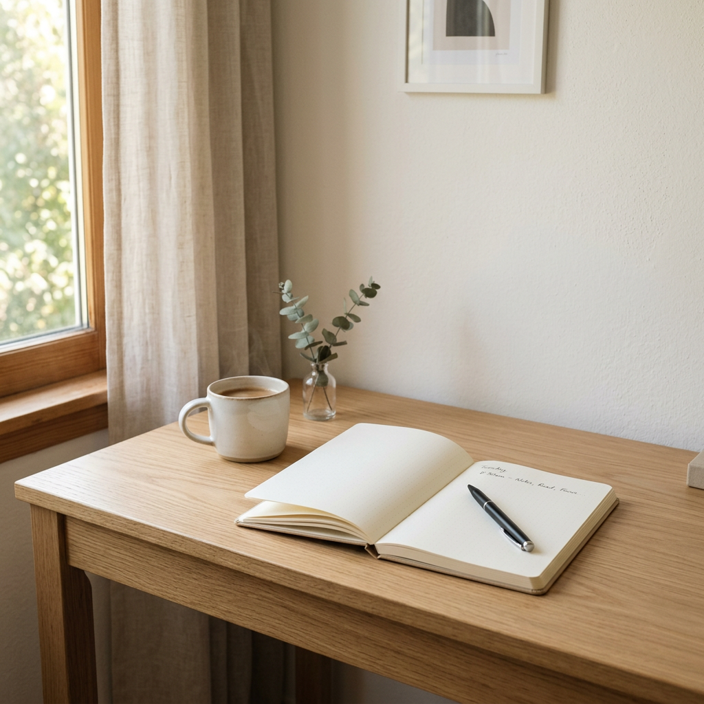 Open journal with pen, coffee mug, and small plant on wooden desk near window
