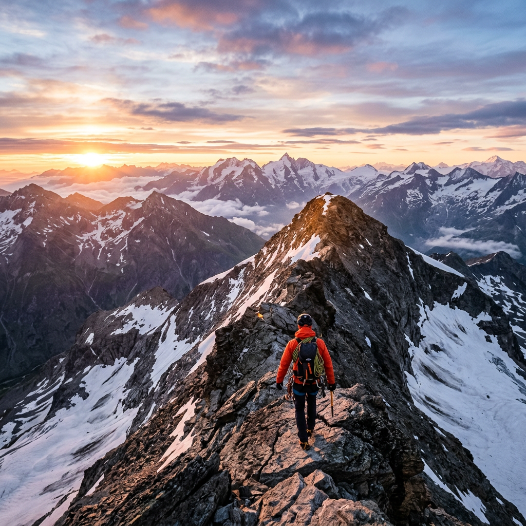 Climber walking on rocky ridge with snow patches during sunrise in mountainous landscape
