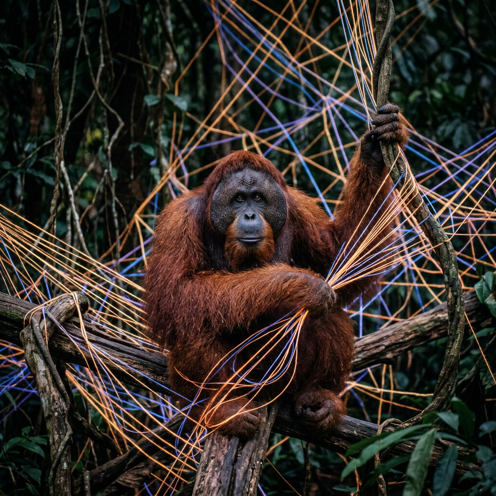 Orangutan holding glowing orange and purple threads on tree branches in forest