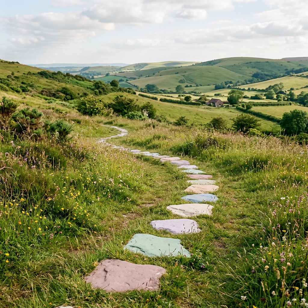 Winding stone path through grassy countryside with wildflowers and rolling hills