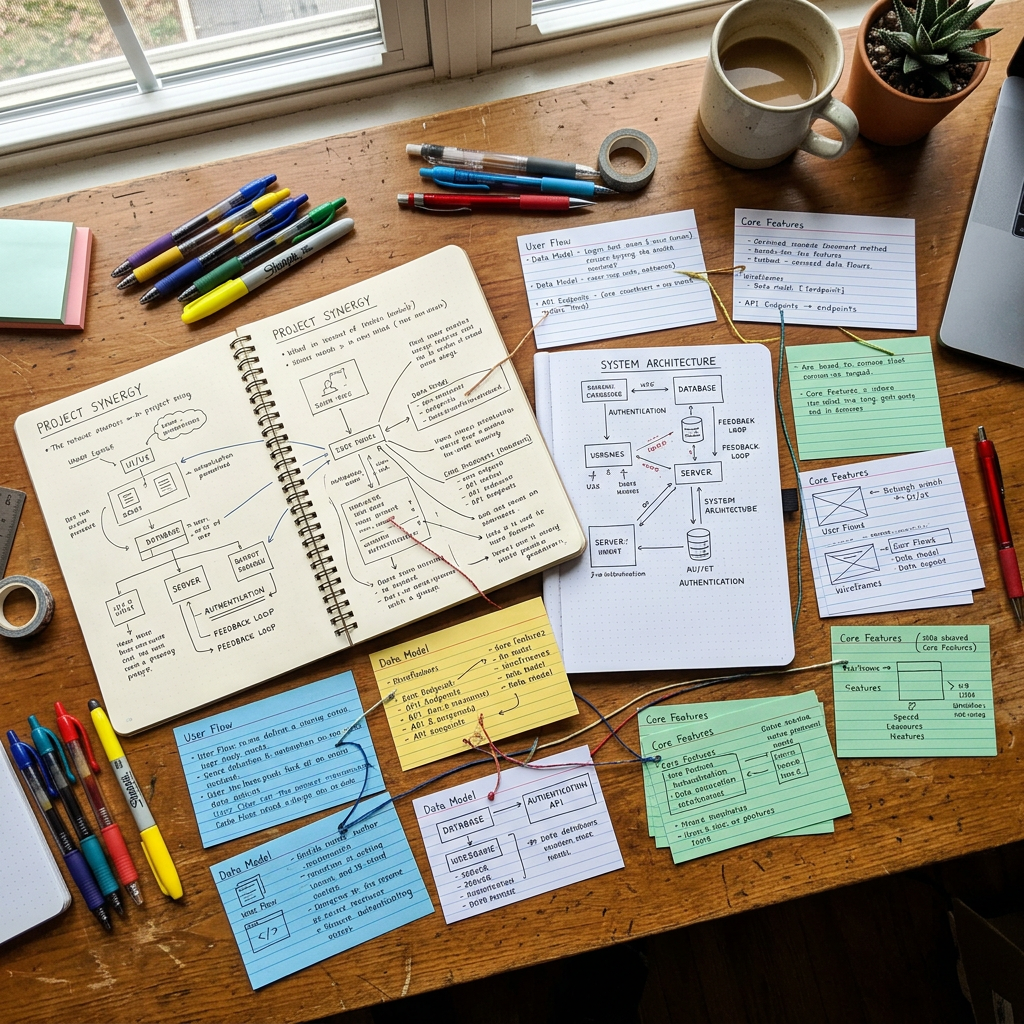 Table with hand-drawn project diagrams, system architecture sketch, and colorful index cards with notes