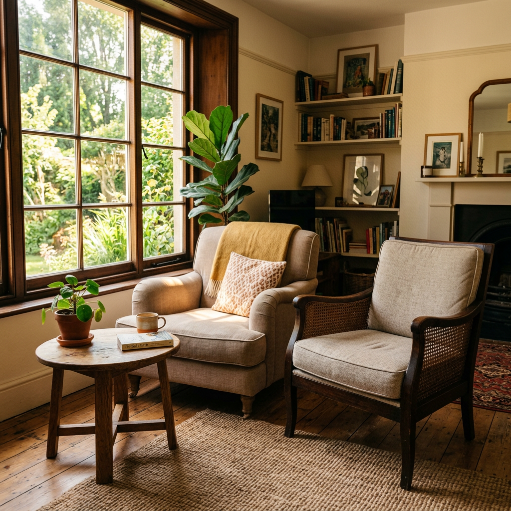 Living room corner with two armchairs, wooden side table, plants, and window overlooking garden