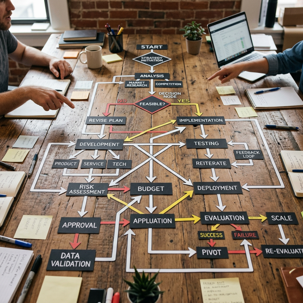 Business process flowchart with decision nodes and workflow steps on wooden table