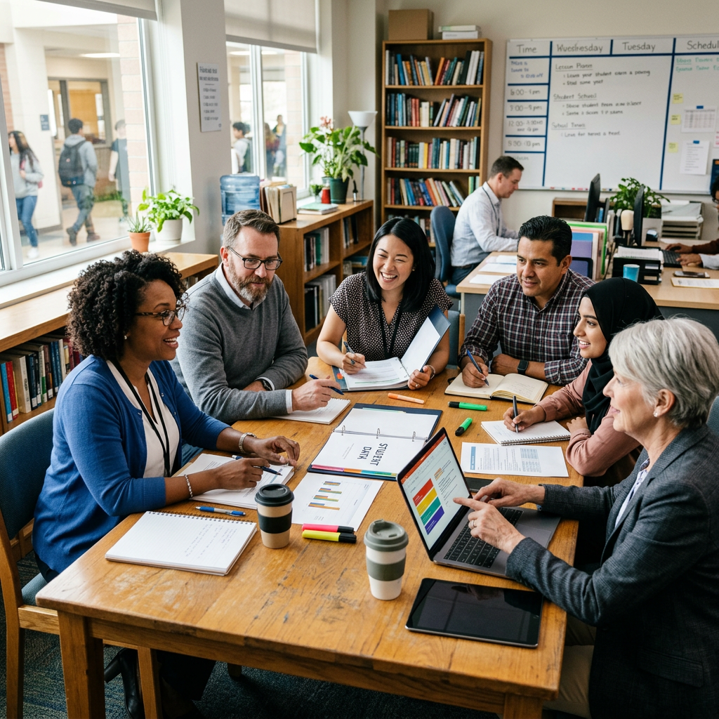 Six diverse professionals in a meeting collaborating around a table with laptops and documents